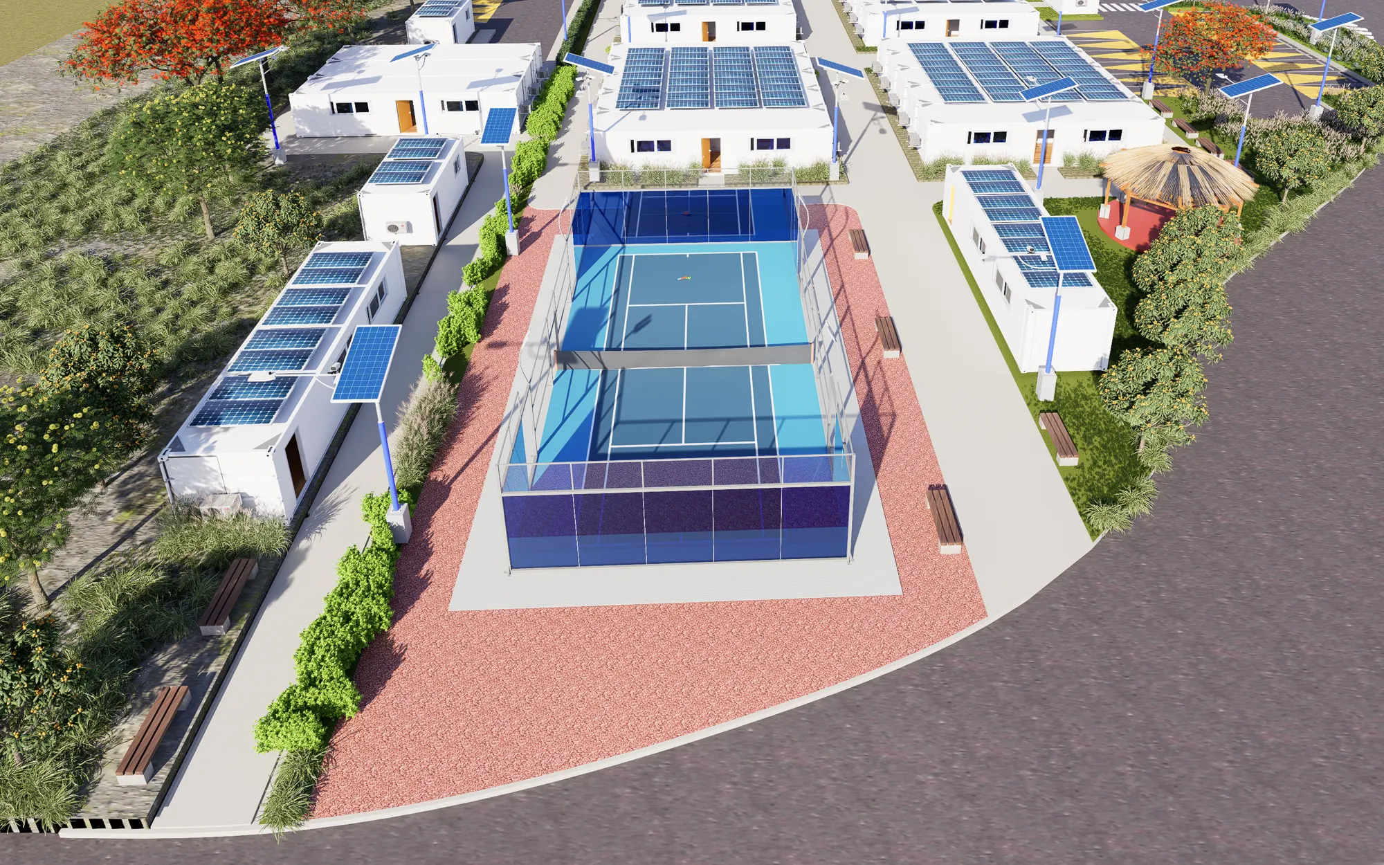 Render de campamento modular con módulos habitacionales, paneles solares y cancha deportiva